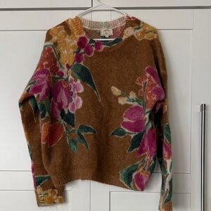 Sezane Abril Floral Crew Neck Sweater - Camel Brown, Pink, Green Size Medium